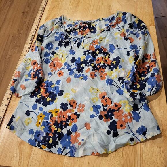 Lucky Brand Tops - Lucky Brand 100% Silk XS Blue Floral Long Sleeve Boat Neck Blouse